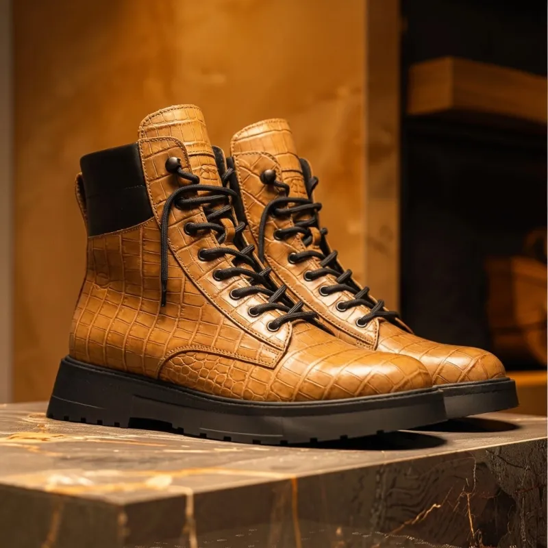 Tan Croc Print Leather Elvio Combat Boot sold by Costoso Italiano