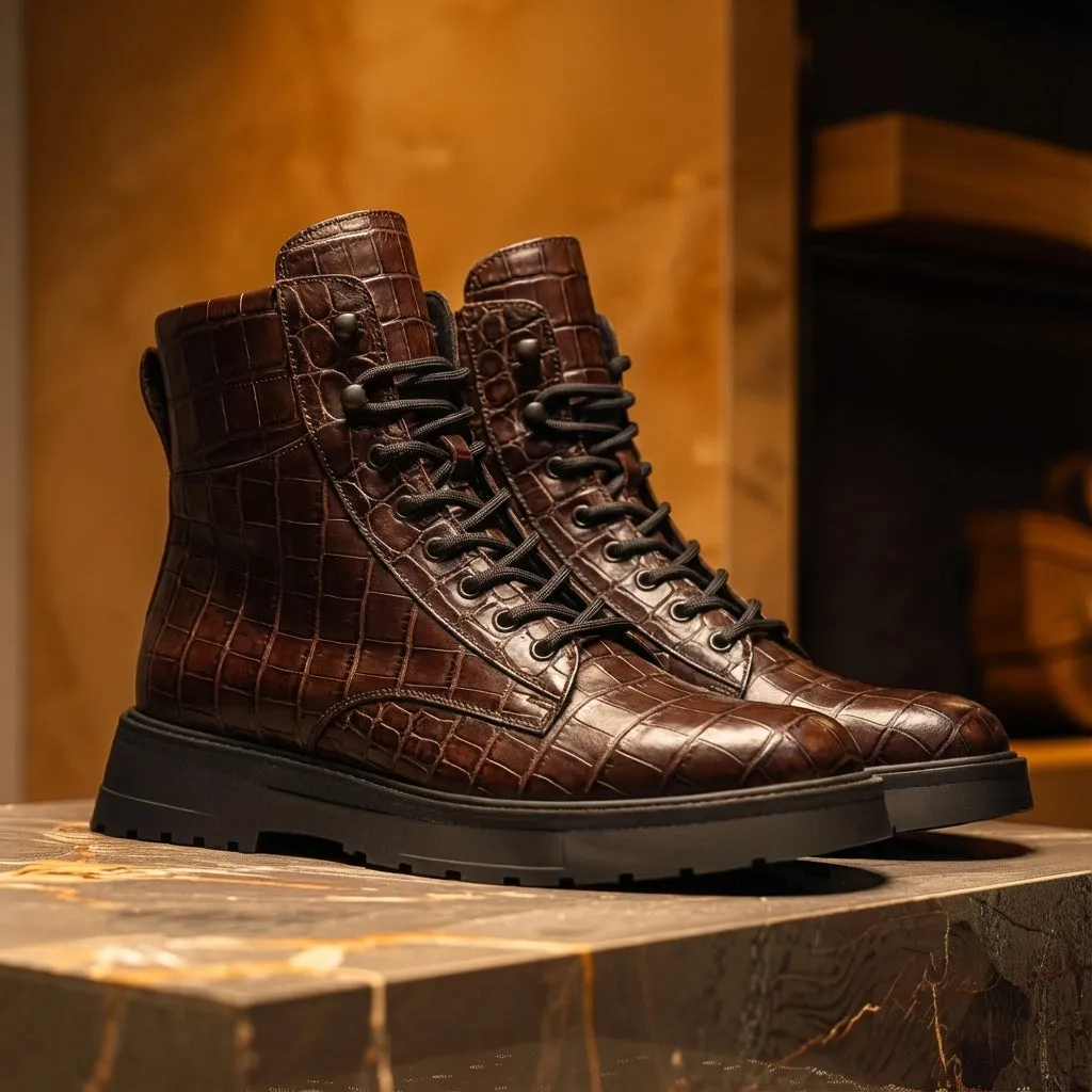 Brown Croc Print Leather Elvio Combat Boot sold by Costoso Italiano