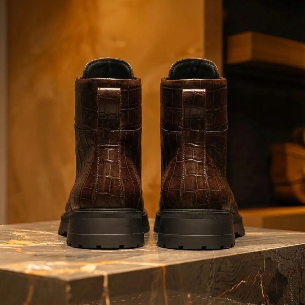 Brown Croc Print Leather Elvio Combat Boot sold by Costoso Italiano product image thumbnail 3