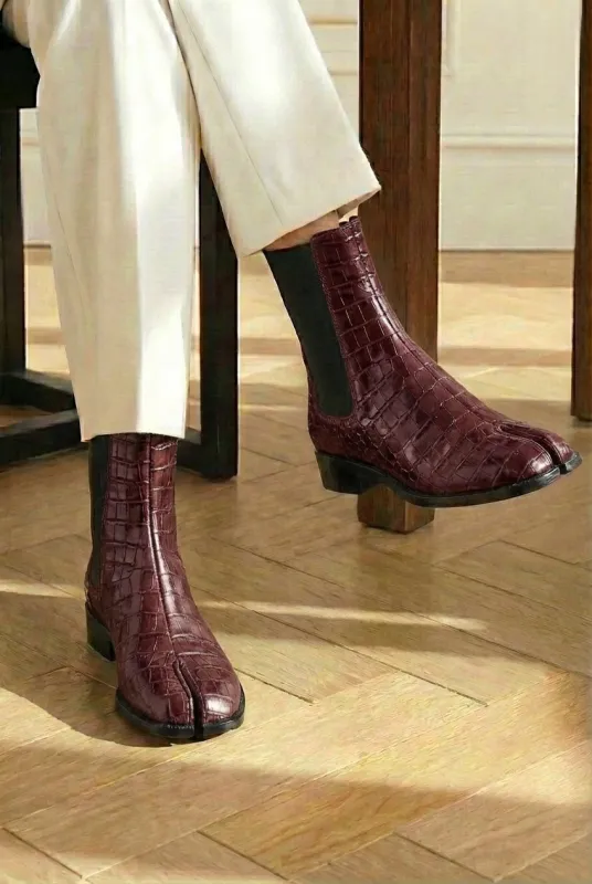 Burgundy Croc Print Leather Amino With Split Toe Chelsea Boot sold by Costoso Italiano