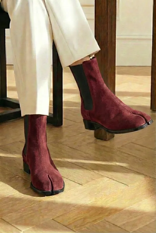 Burgundy Suede Leather Amino With Split Toe Chelsea Boot sold by Costoso Italiano