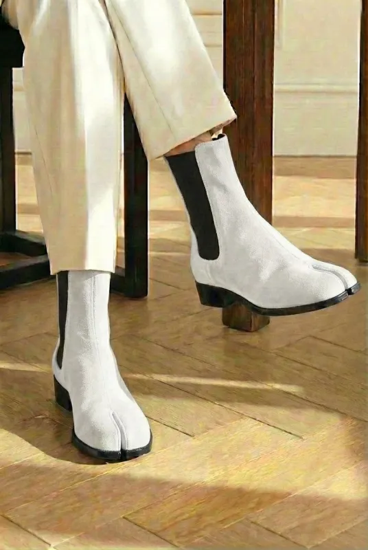 White Suede Leather Amino With Split Toe Chelsea Boot sold by Costoso Italiano