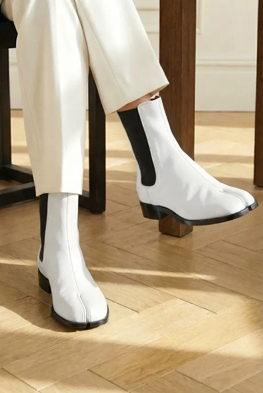 White Leather Amino With Split Toe Chelsea Boot sold by Costoso Italiano