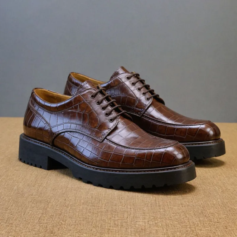 Brown Croc Print Leather Orion Chunky Derby Shoes - SS23 sold by Costoso Italiano