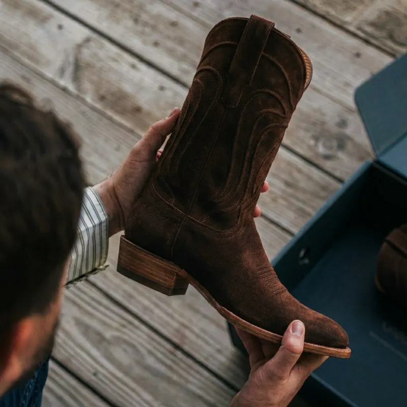 Brown Suede Leather Renovaux Slip On Zipper Western Cowboy Boots - AW24 sold by Costoso Italiano