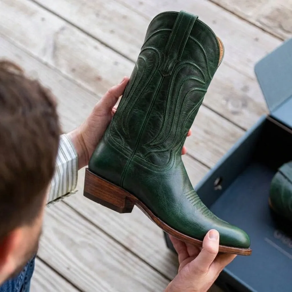 Green Leather Renovaux Slip On Zipper Western Cowboy Boots - AW24 sold by Costoso Italiano