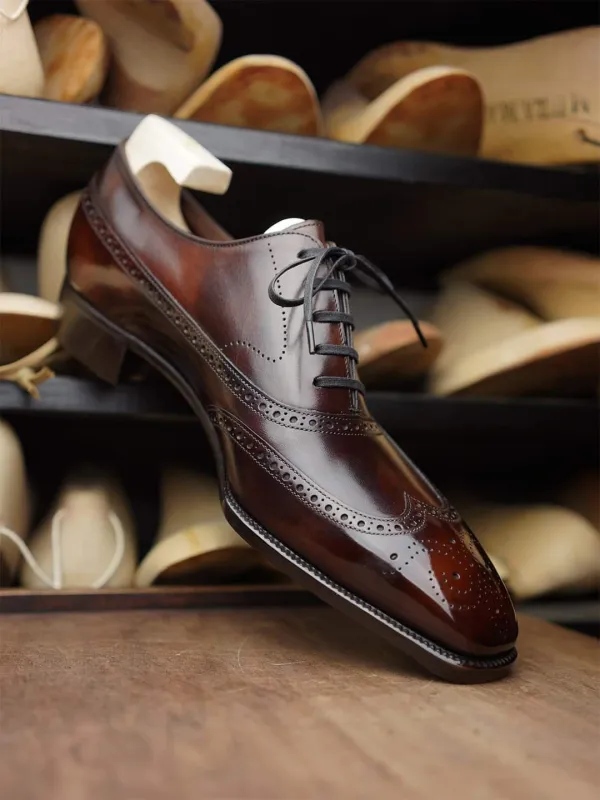 Extra Narrow Shoes (2A,4A,6A) BURGUNDY BROWN LEATHER MODENA BROGUE WINGTIP OXFORD SHOE - ITALIAN AW26 sold by Costoso Italiano