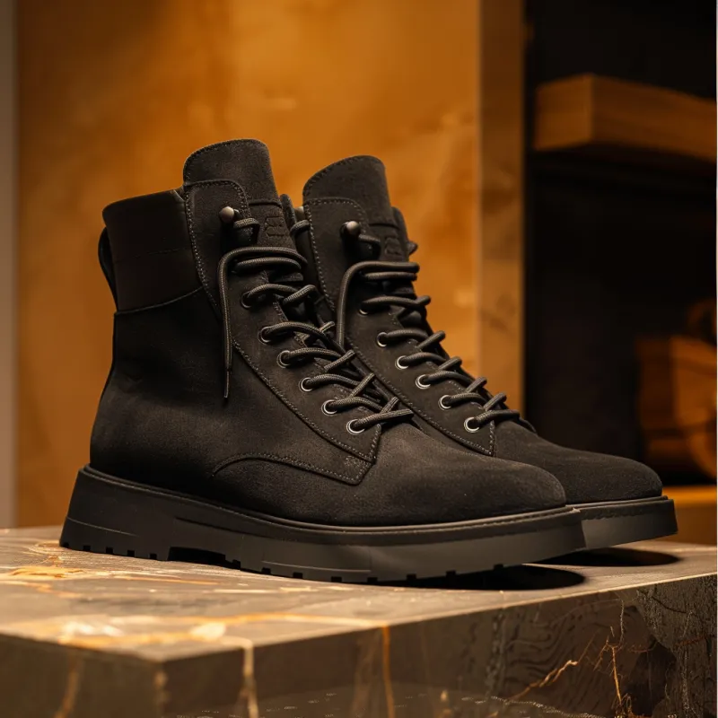 Extra Wide Shoes (2E,4E,6E) Black Suede Leather Elvio Combat Boot sold by Costoso Italiano