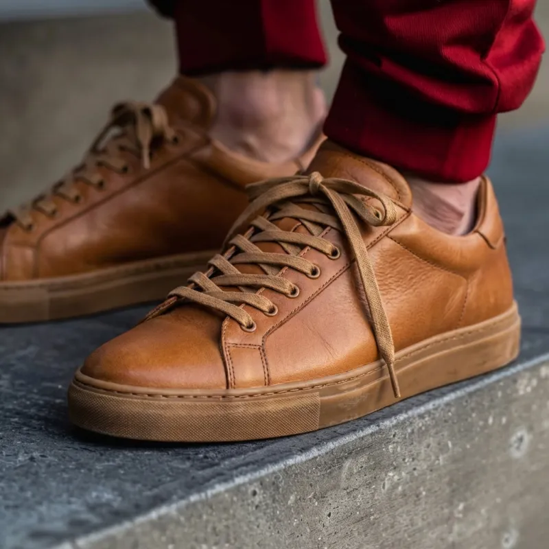 Tan Leather Remigio Lace-Up With Red Sole Sneakers sold by Costoso Italiano