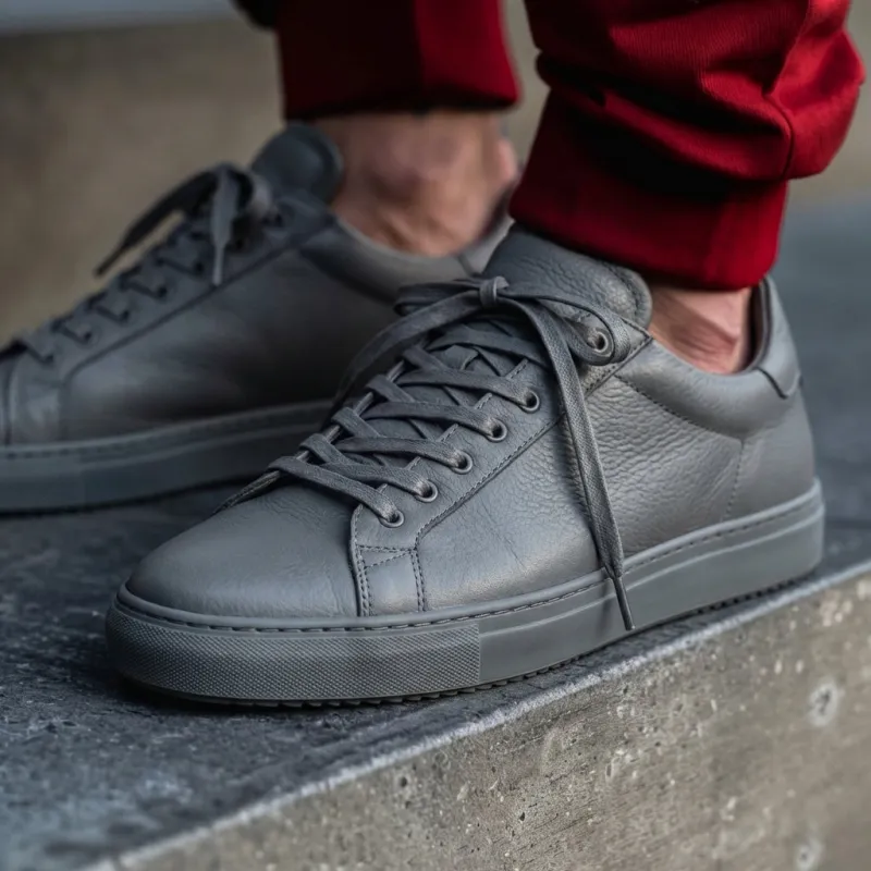 Grey Leather Remigio Lace-Up With Red Sole Sneakers sold by Costoso Italiano