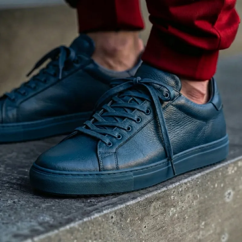 Blue Leather Remigio Lace-Up With Red Sole Sneakers sold by Costoso Italiano