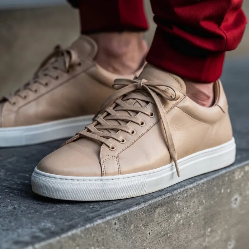 Beige Leather Remigio Lace-Up With Red Sole Sneakers sold by Costoso Italiano