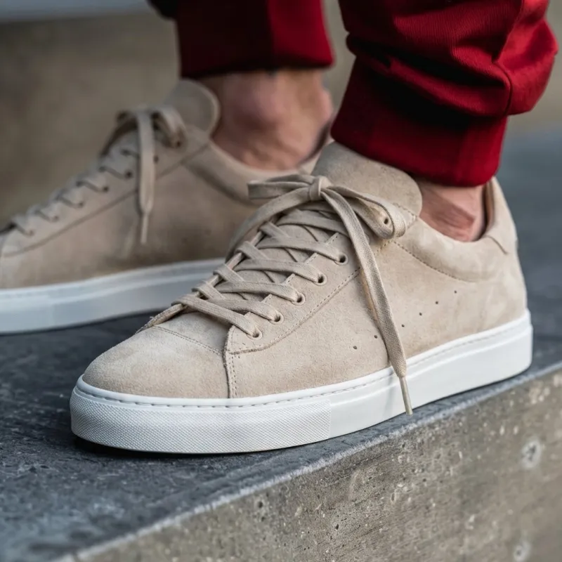 Beige Suede Leather Remigio Lace-Up With Red Sole Sneakers sold by Costoso Italiano