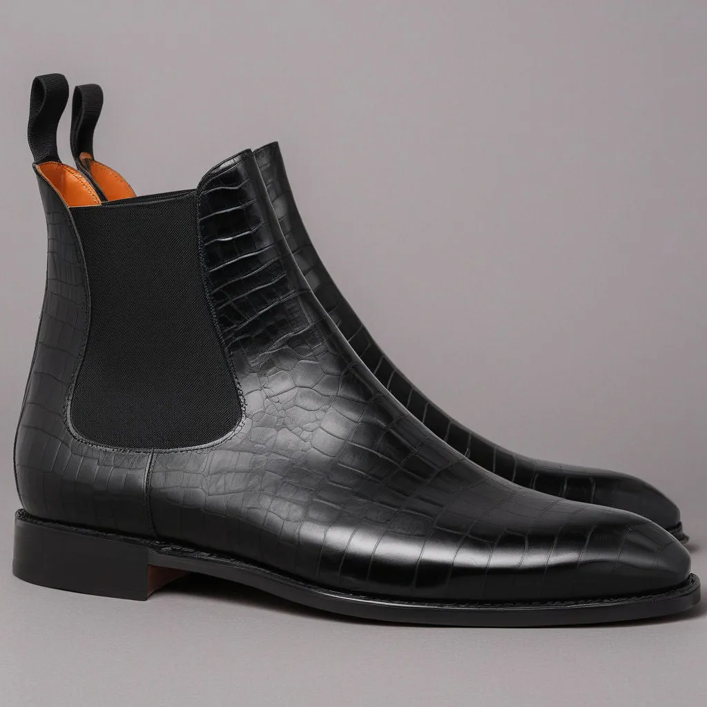 Flat Feet Shoes - Black Croc Print Leather Fenland Slip On Chelsea Boots with Arch Support sold by Costoso Italiano