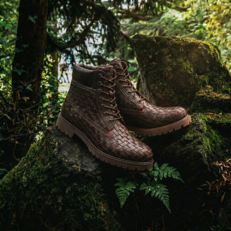 Brown braided Leather Selvaggio Ankle Lace Up Combat Hiking Boots with Chunky Track Sole sold by Costoso Italiano