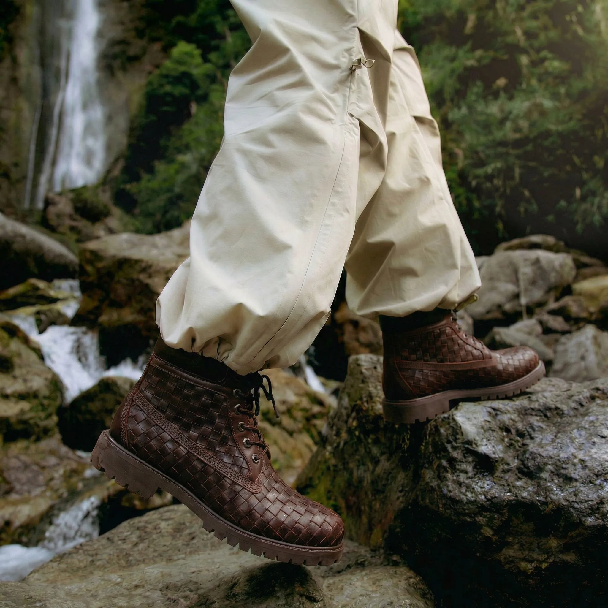 Brown braided Leather Selvaggio Ankle Lace Up Combat Hiking Boots with Chunky Track Sole sold by Costoso Italiano product image thumbnail 2