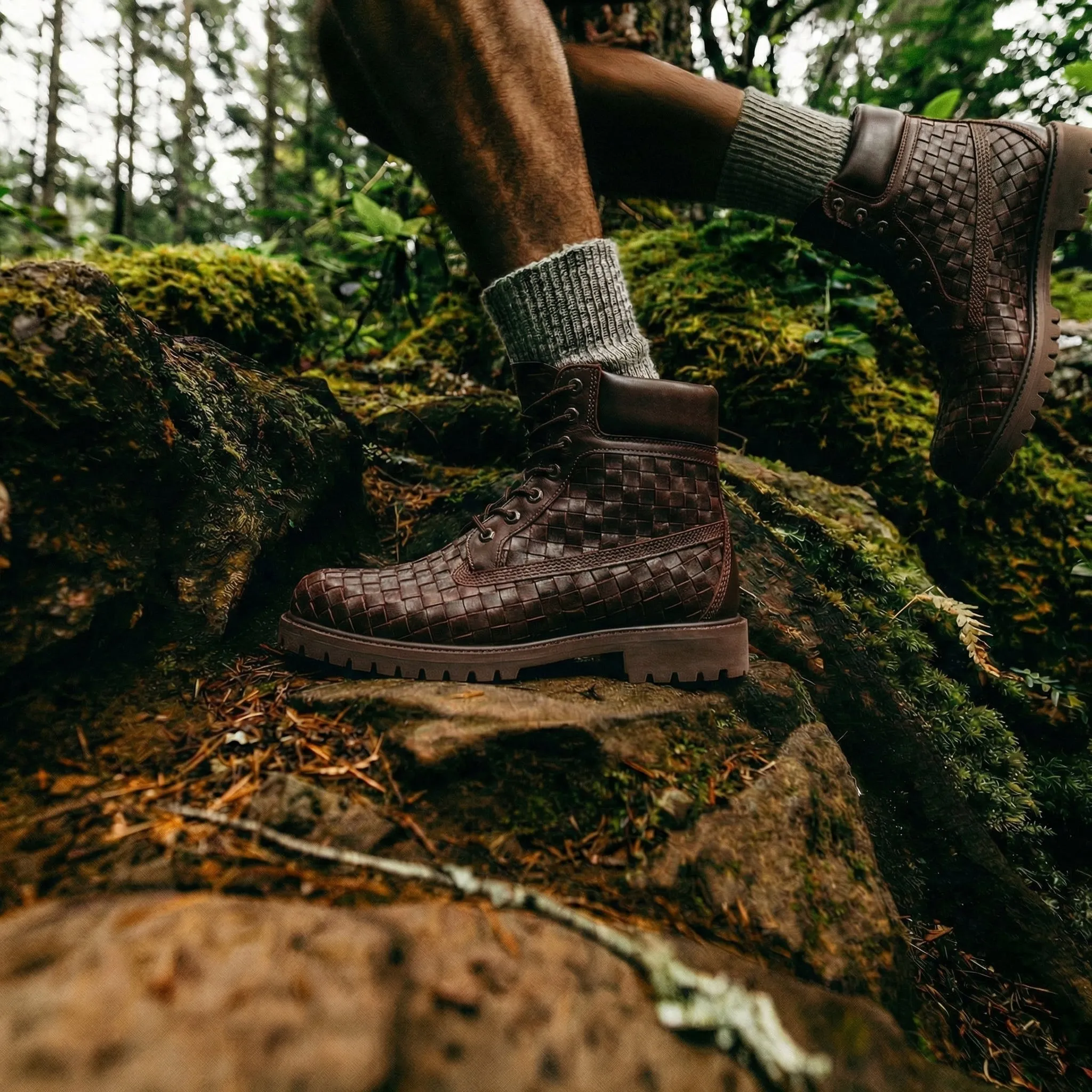 Brown braided Leather Selvaggio Ankle Lace Up Combat Hiking Boots with Chunky Track Sole sold by Costoso Italiano product image thumbnail 3