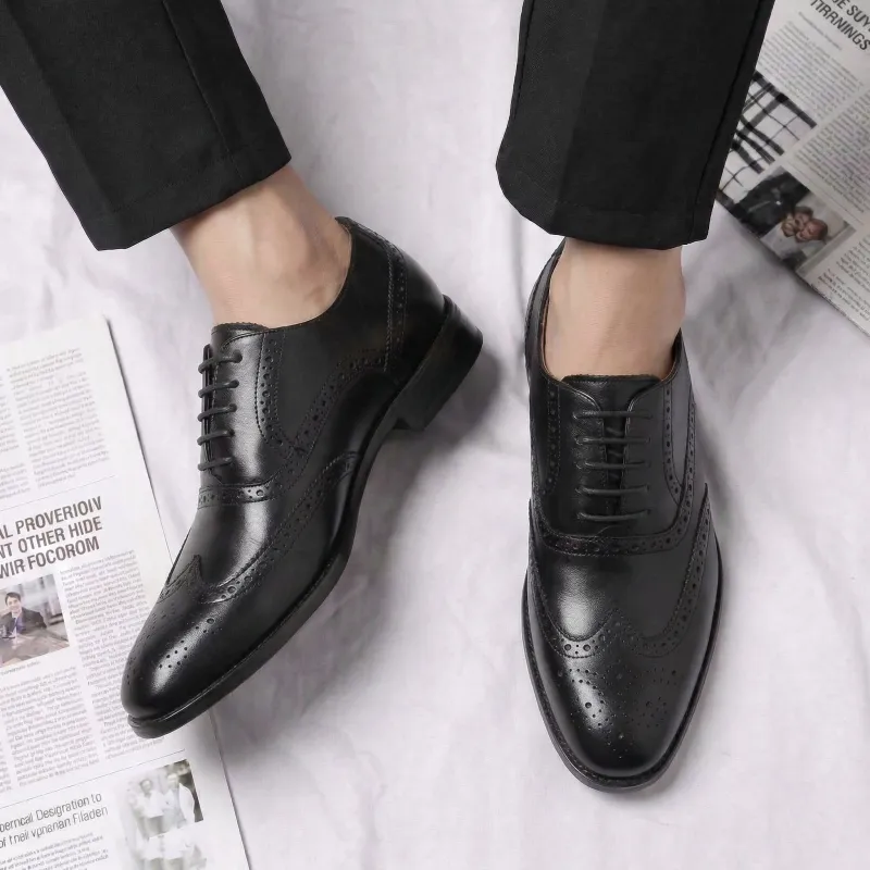 Height Increasing Black Leather Alessandro Brogue Oxford Shoes made by Costoso Italiano
