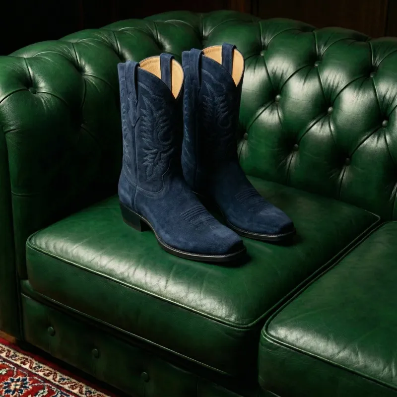 Navy Blue Suede Lucente Cowboy Boot made by Costoso Italiano