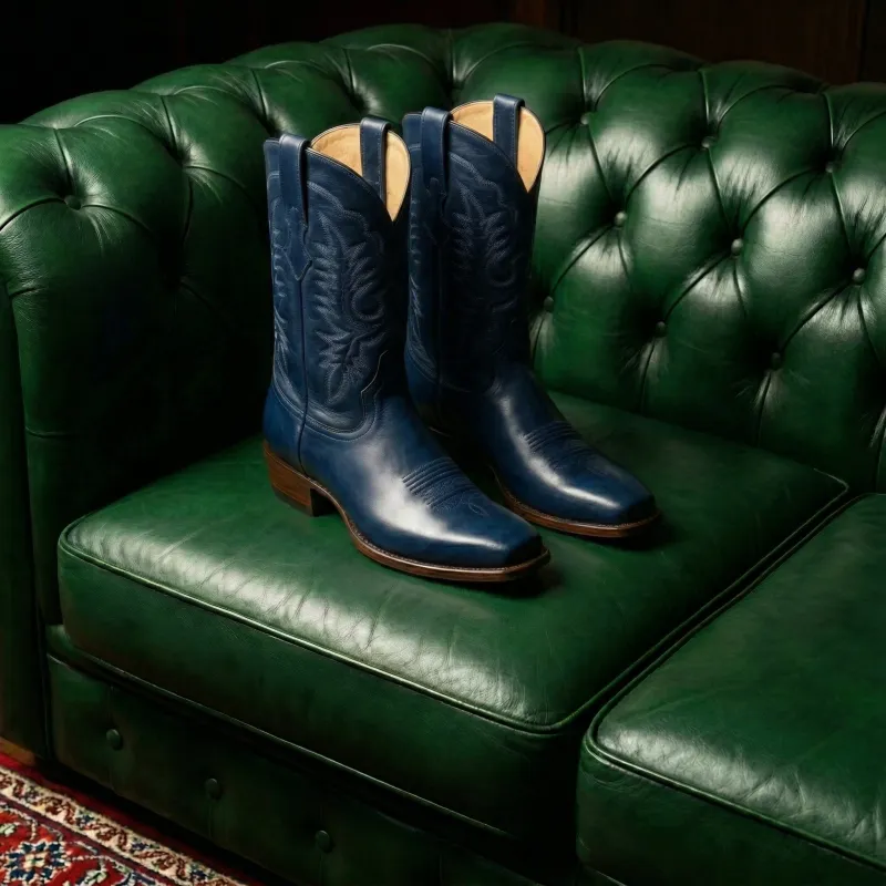 Navy Blue Leather Lucente Cowboy Boot made by Costoso Italiano