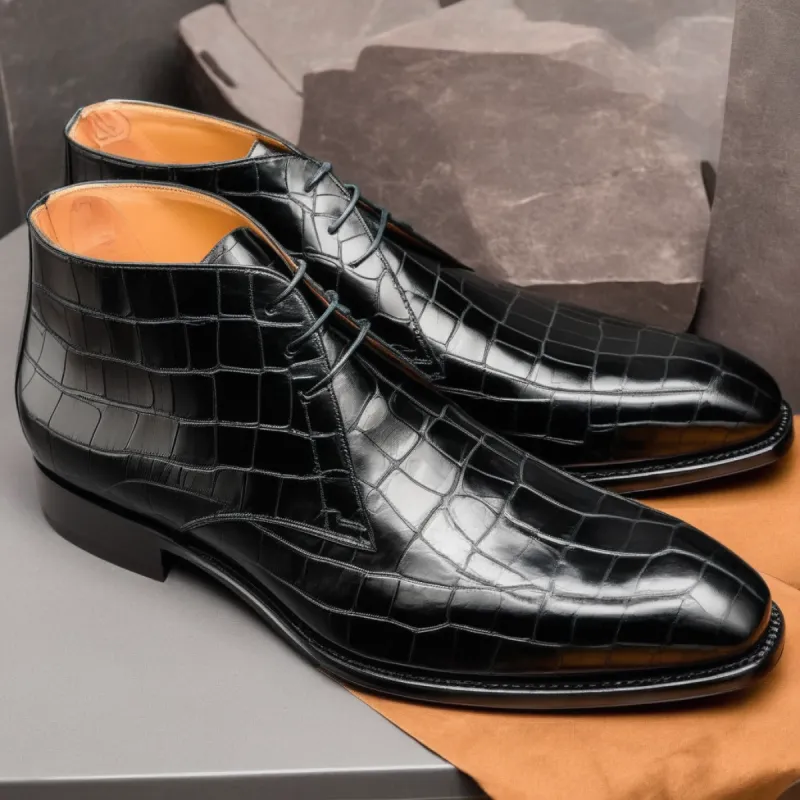 Black Croc Print Leather Gabrovo Chukka Lace Up Boots sold by Costoso Italiano