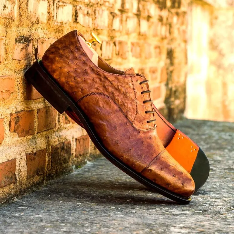 Tan Ostrich Print Leather Baiyer Lace Up Toe cap Oxfords sold by Costoso Italiano