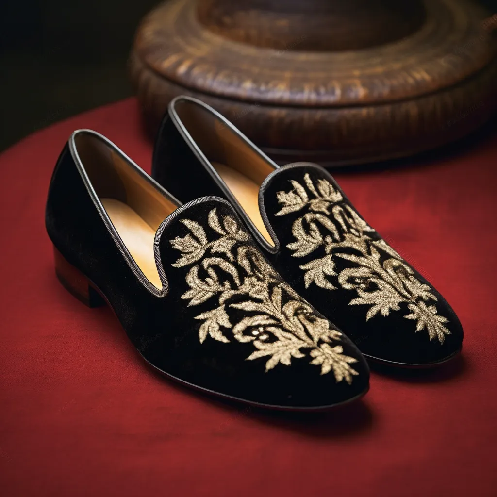 Black Velvet Hand Work Zardozi Peshawari Loafers | Wedding Shoes for Groom | Shoes for Haldi Mehendi Sangeet sold by Costoso Italiano