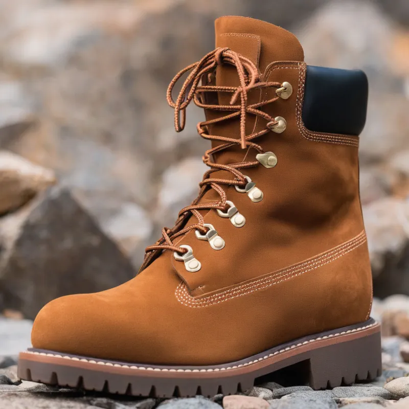 Tan Suede Leather Abbraccio Mid Calf Rugged Lace Up Combat Hiking Boots with Chunky Track Sole sold by Costoso Italiano
