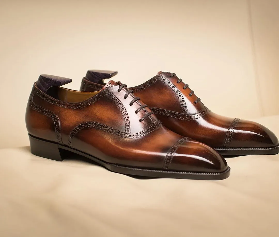 Tan Leather Girona Brogue Toe Cap Oxford Shoes - AW24 sold by Costoso Italiano