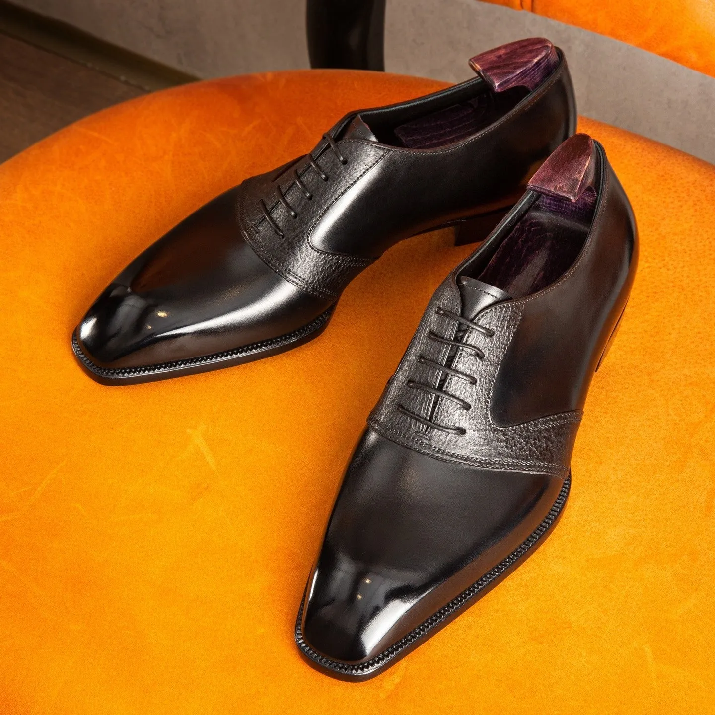 Black Italian Leather Cedara Brogue Wingtip Oxfords - Formal Shoes - Goodyear Welted sold by Costoso Italiano