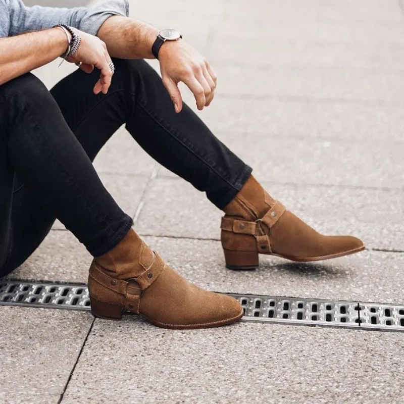 Height Increasing Tan Italian Italian Suede Wanton Slip On Harness Chelsea Boots - GOODYEAR WELTED FIDDLE BACK VIOLIN SOLE sold by Costoso Italiano