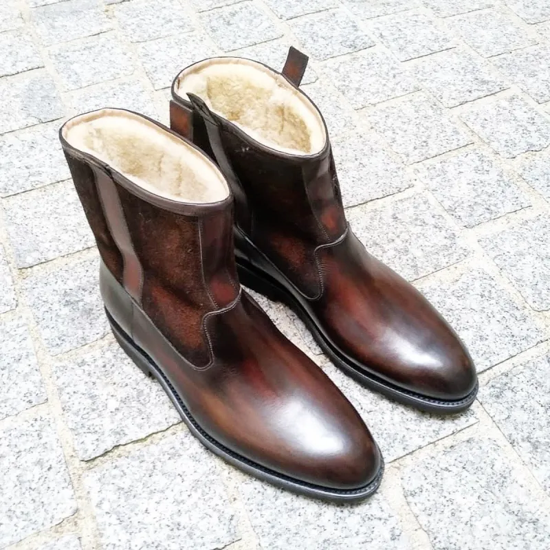 Brown Leather Bilbao Shearling Lined Slip On Boots sold by Costoso Italiano