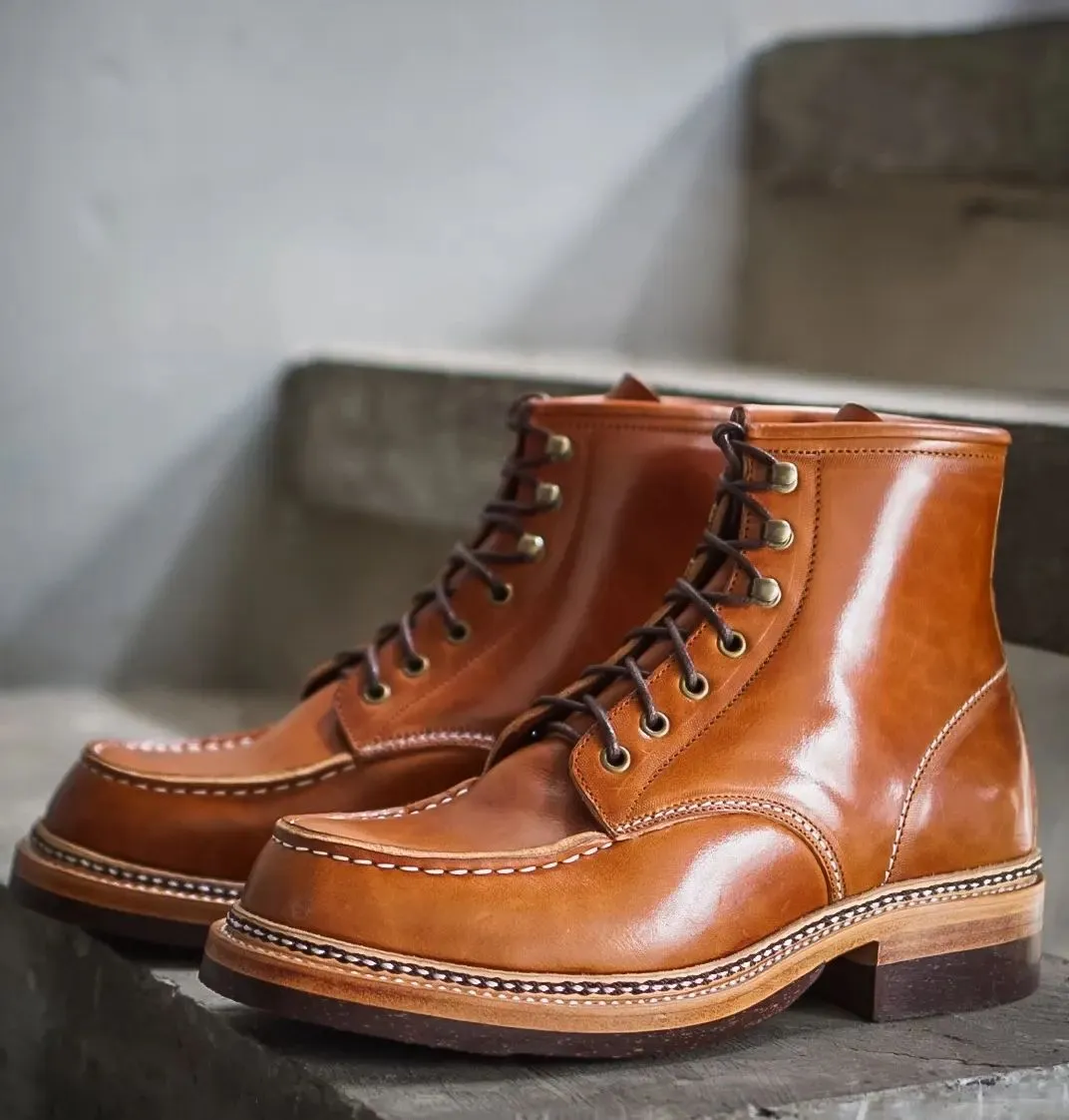 Tan Leather Lace-Up Step Steeds Moc Toe Boots - Hiking and Trekking Boots sold by Costoso Italiano