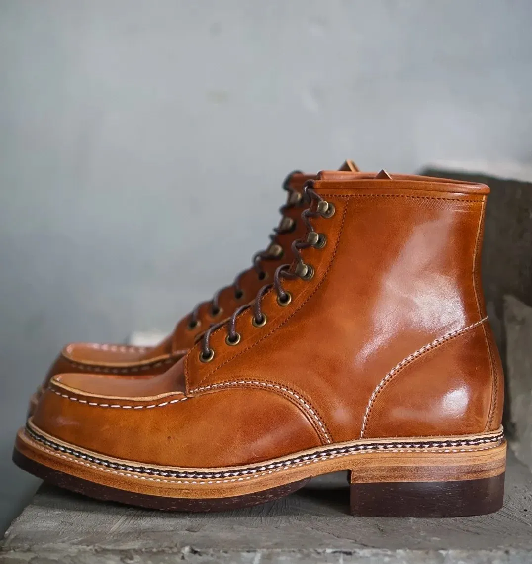 Tan Leather Lace-Up Step Steeds Moc Toe Boots - Hiking and Trekking Boots sold by Costoso Italiano product image thumbnail 3