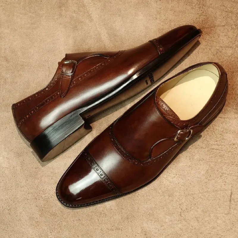 Goodyear Welted Brown Leather Sliven Single Monk Strap Shoes sold by Costoso Italiano