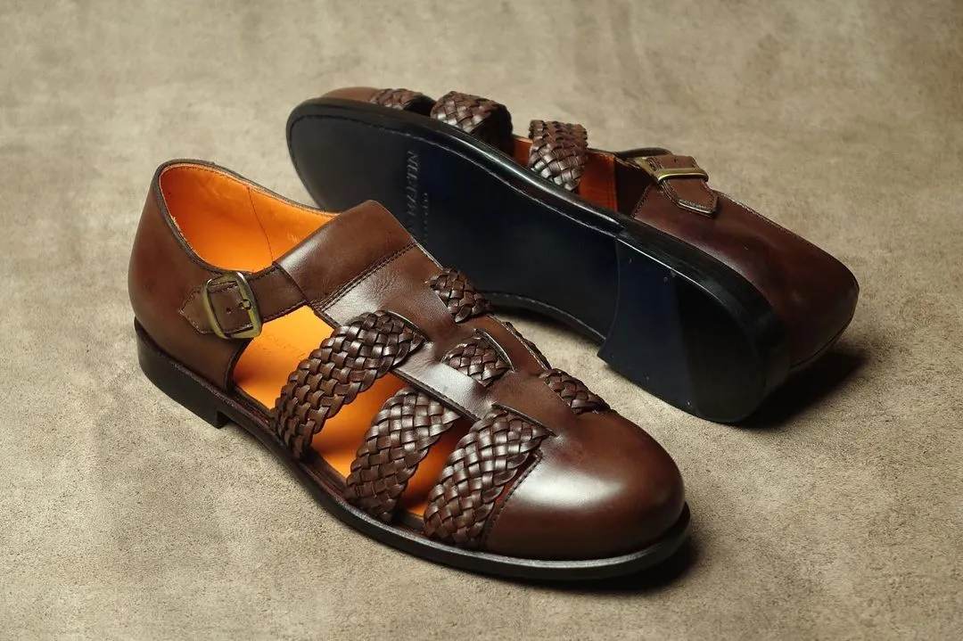 Height Increasing Brown Braided Leather Palmas Sandal Loafers sold by Costoso Italiano