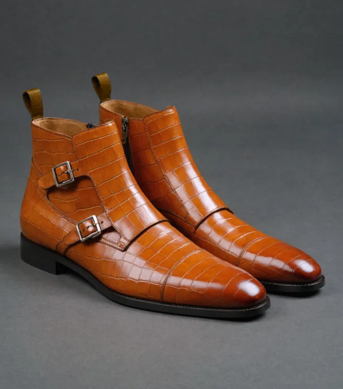 Tan Croc Print Leather Bordeaux Zipper Monk Strap Boots sold by Costoso Italiano