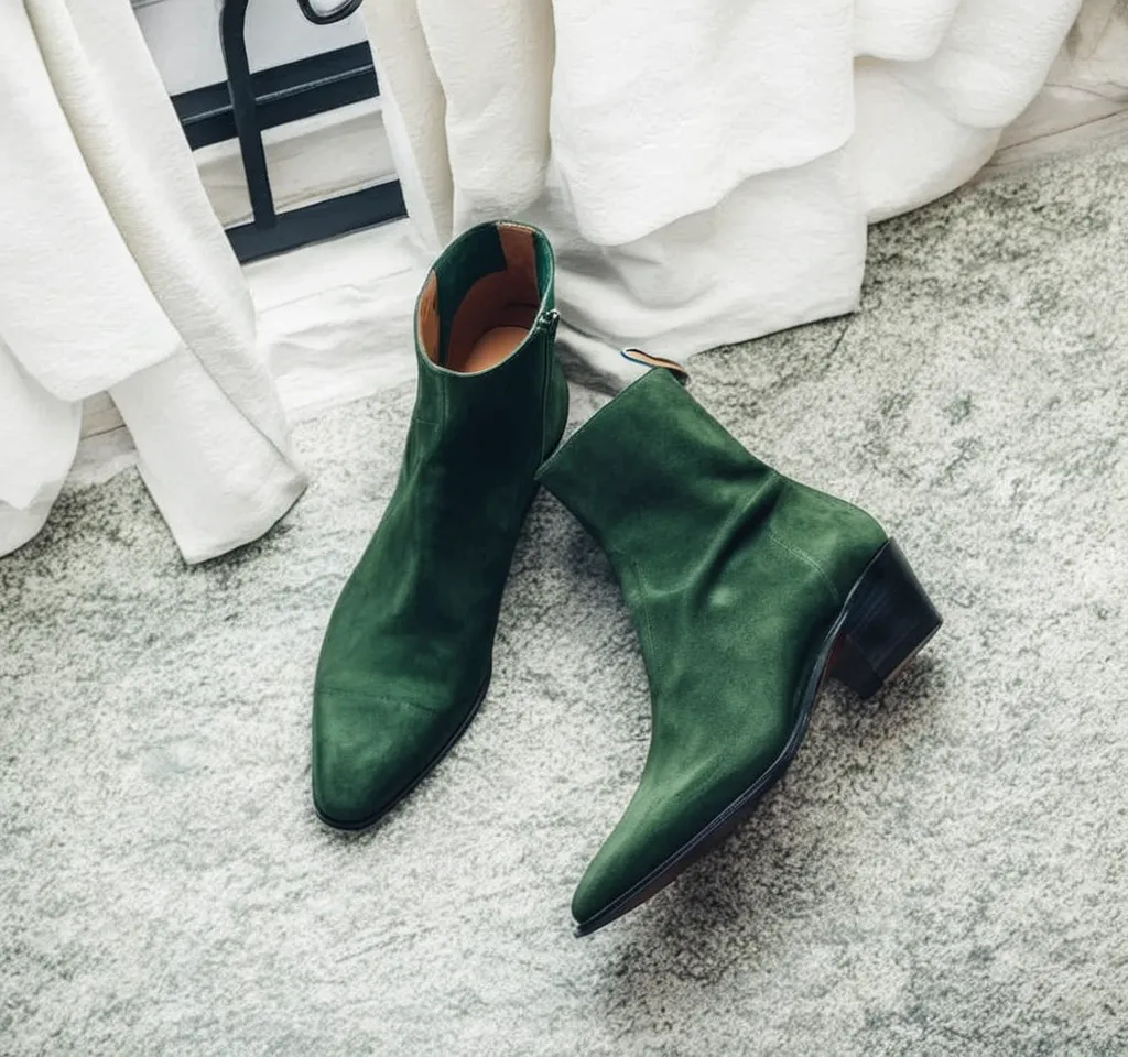 Dark Green Suede Leather Lazzer Slip On Zipper Pointed Boots sold by Costoso Italiano
