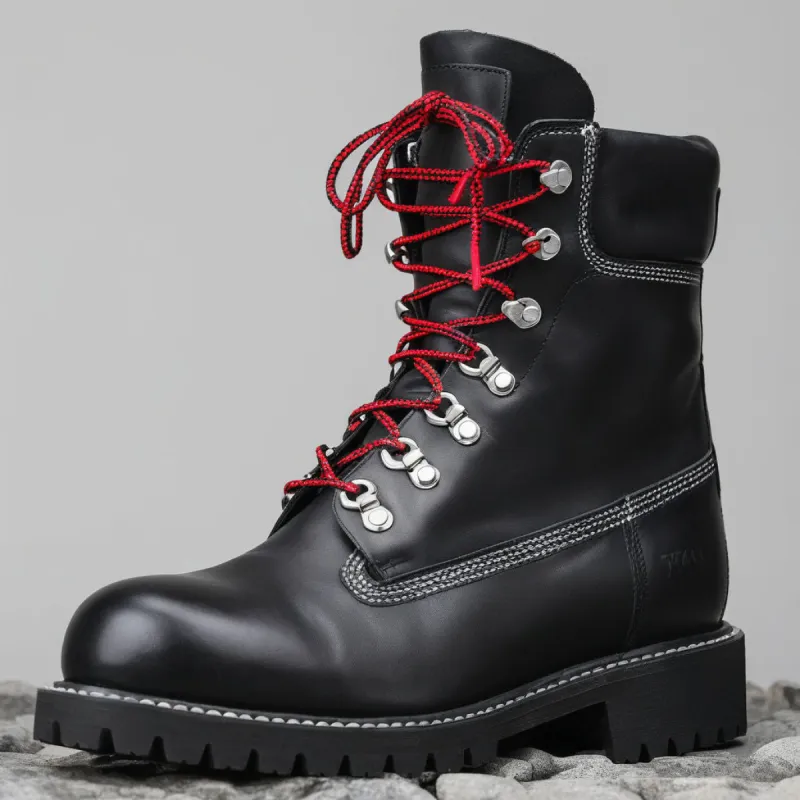 Black Leather Abbraccio Mid Calf Rugged Lace Up Combat Hiking Boots with Chunky Track Sole sold by Costoso Italiano