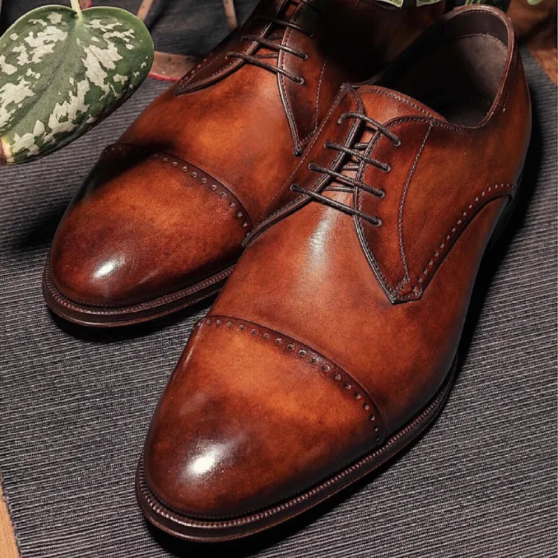 Tan Leather Sucre Toe Cap Balmoral Brogue Derby Shoes sold by Costoso Italiano