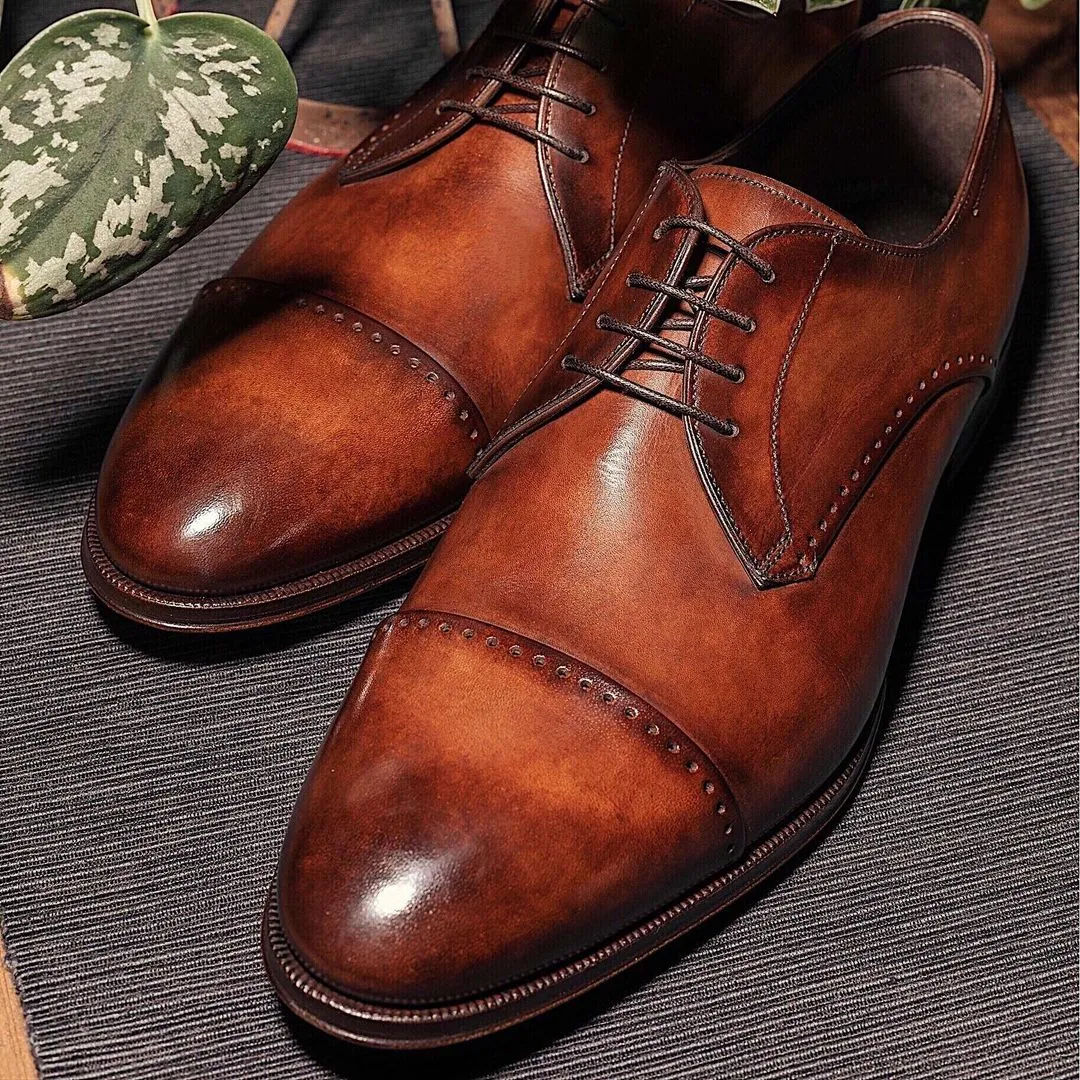 Tan Leather Sucre Toe Cap Balmoral Brogue Derby Shoes sold by Costoso Italiano