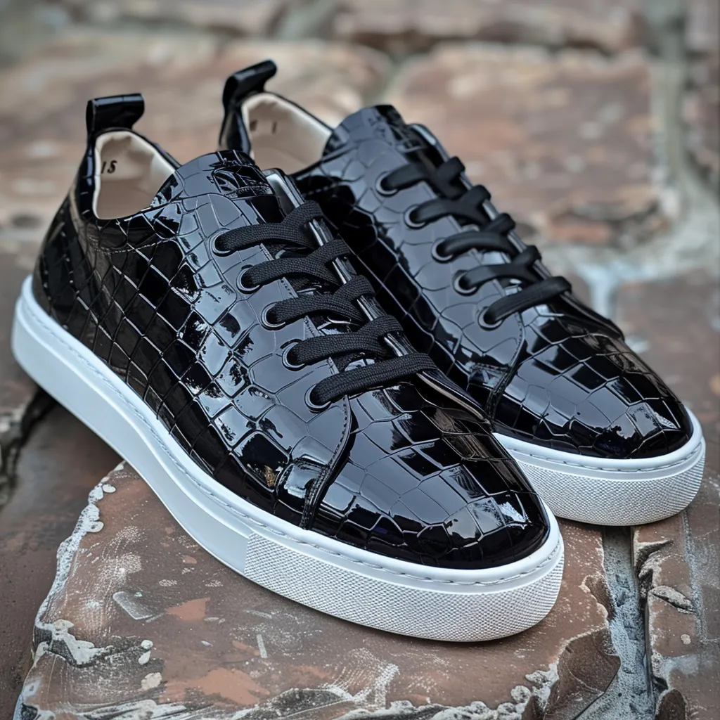 Black Croc Print Leather Orazio Lace Up With White Sole Sneakers sold by Costoso Italiano