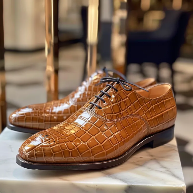 Marcello Tan Leather Croc Print Oxford sold by Costoso Italiano
