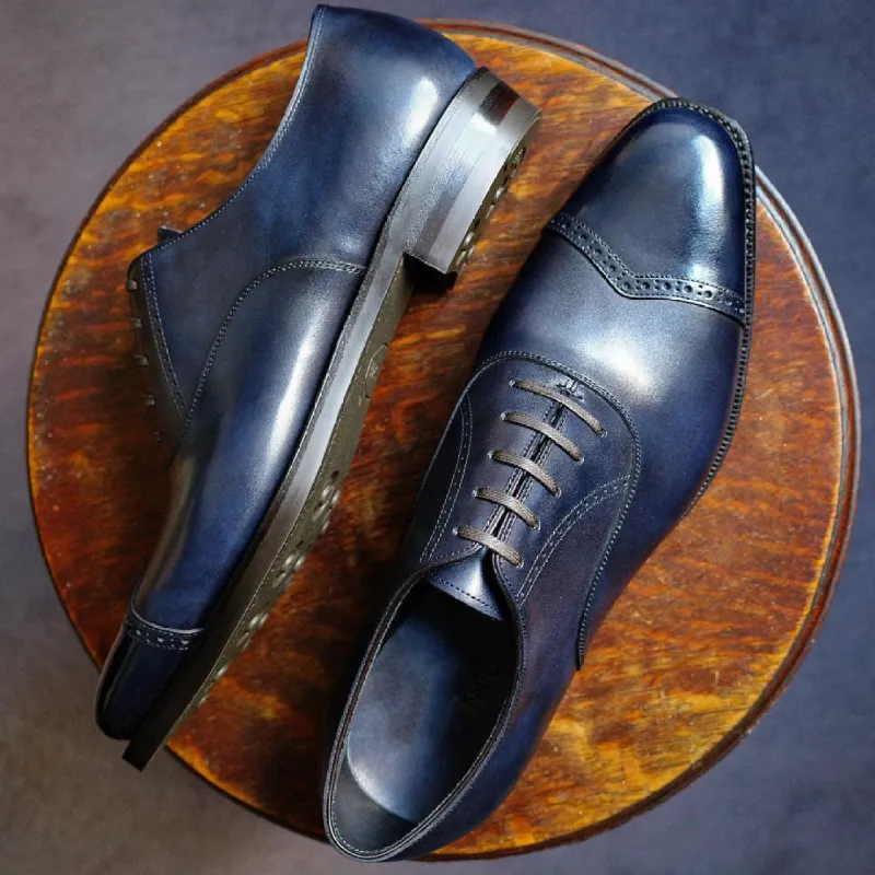 Height Increasing Navy Blue Leather Alcacer Brogue Toecap Oxfords - Formal Shoes sold by Costoso Italiano