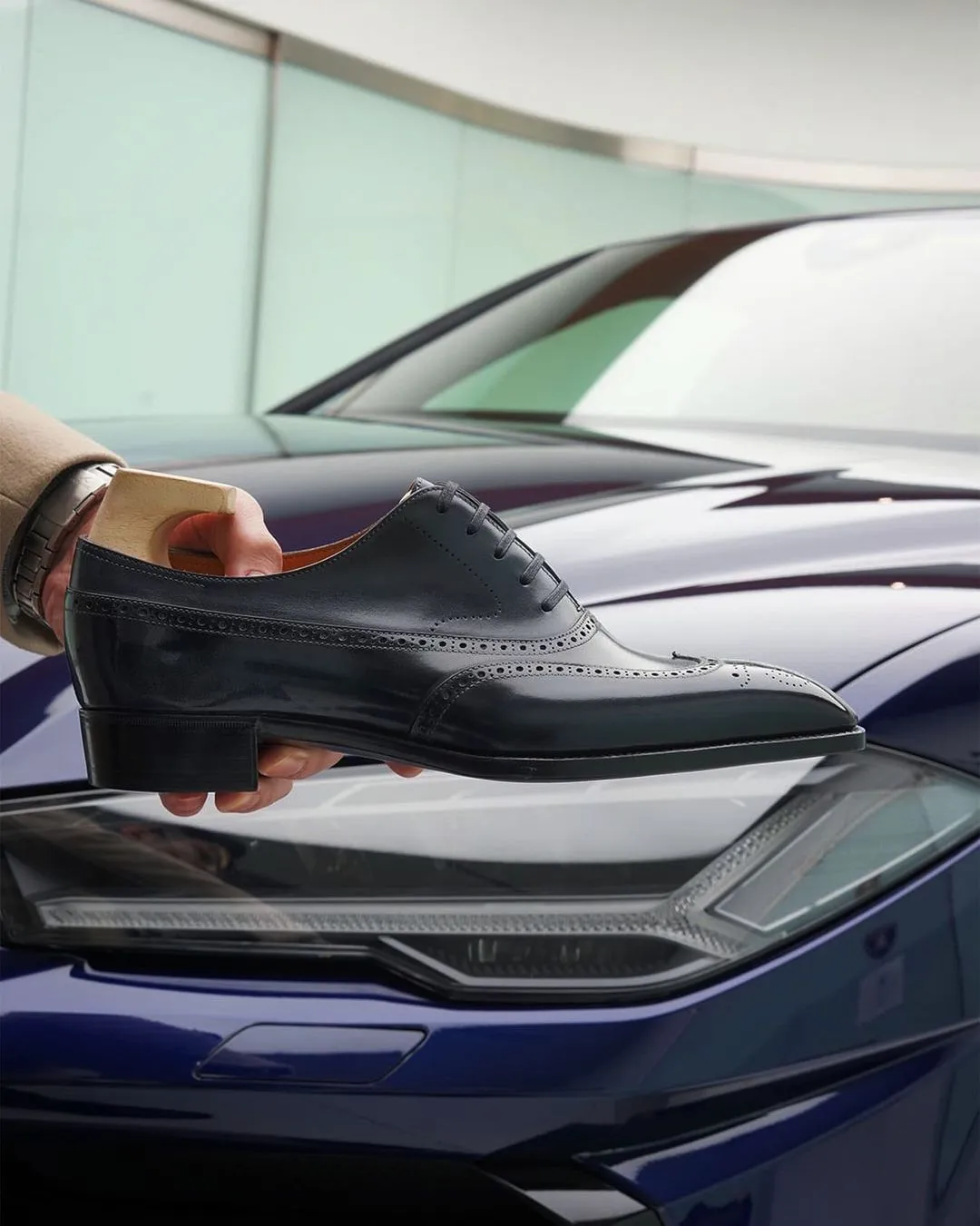 Navy Blue Leather Cedria Brogue Wingtip Oxfords - Formal Shoes sold by Costoso Italiano