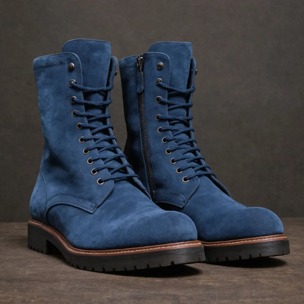 Dark Blue Suede Leather Oriella Lace Up Chunky Derby Boots with Zipper and Track Sole - AW24 - Hiking and Trekking Boots sold by Costoso Italiano