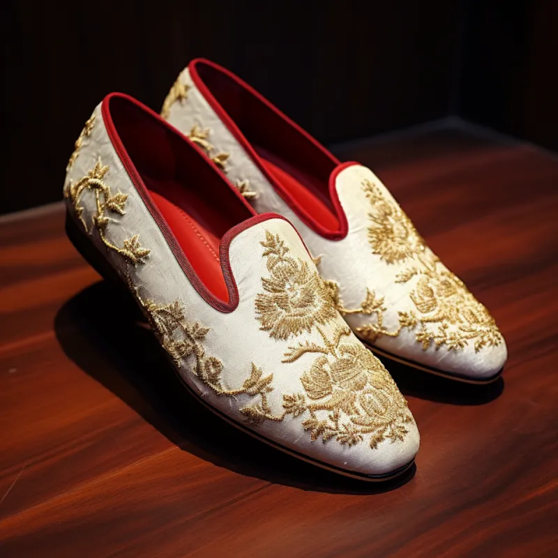 White Velvet Hand Work Zardozi Peshawari Loafers | Wedding Shoes for Groom | Shoes for Haldi Mehendi Sangeet sold by Costoso Italiano