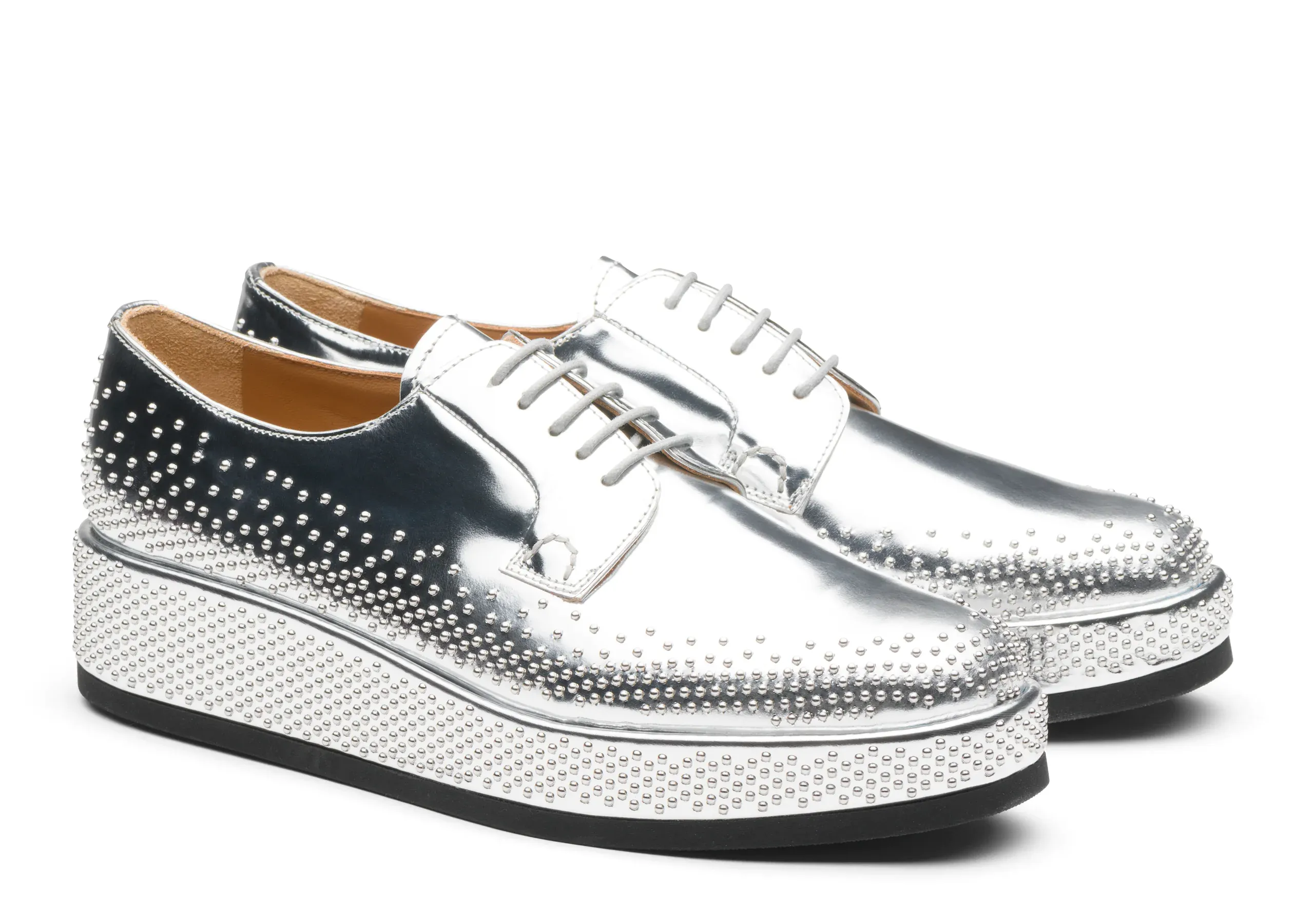 Silver Leather Spike Studded Gleno Derby Shoes sold by Costoso Italiano