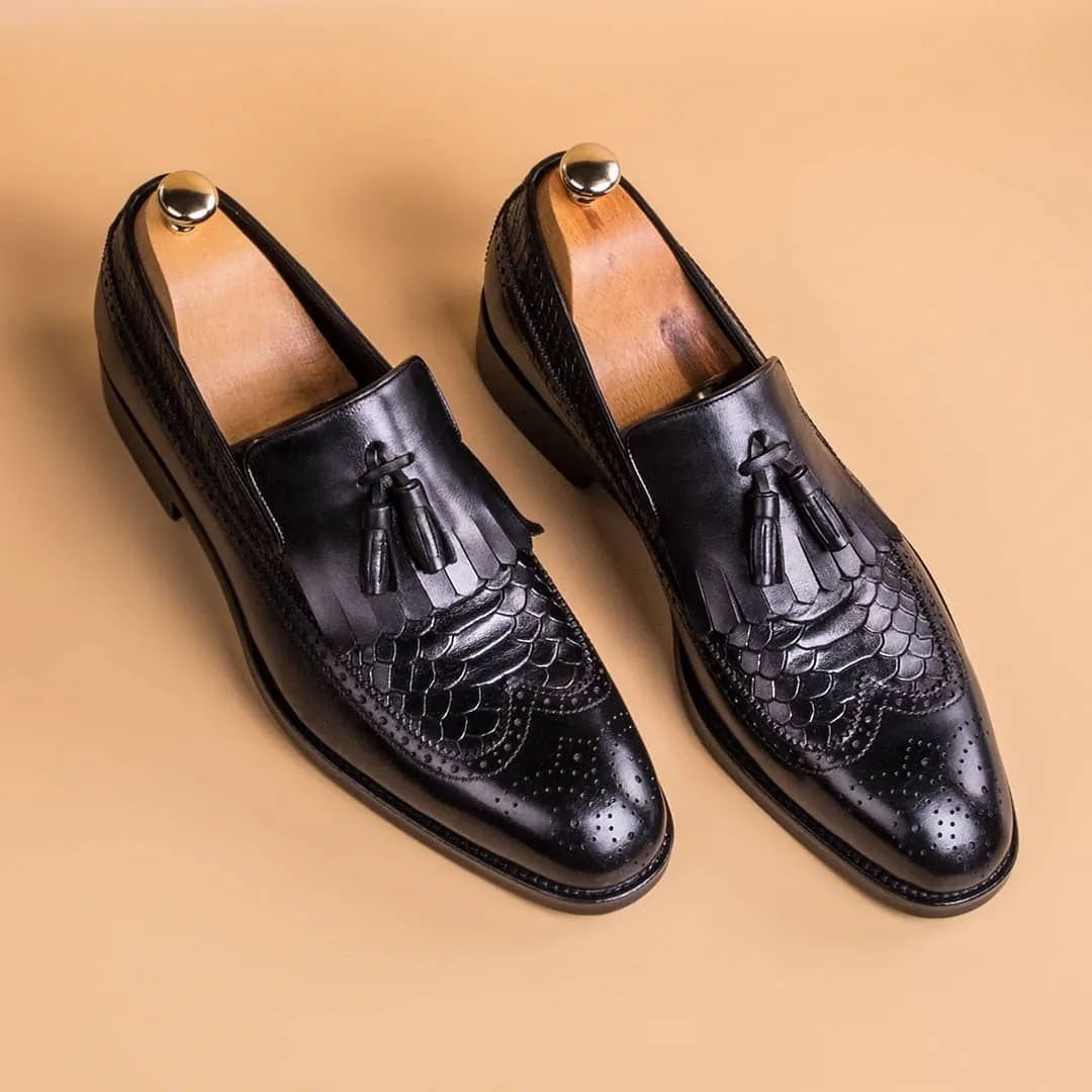 Height Increasing Black Snake Print Leather Lleida Loafers sold by Costoso Italiano