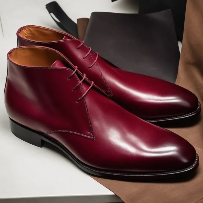 Burgundy Leather Gabrovo Chukka Lace Up Boots sold by Costoso Italiano